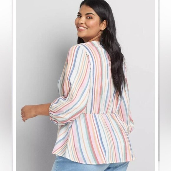 Lane Bryant Striped Multicolor Crossover Peplum coquette Babydoll Top Size 14 - Picture 2 of 13